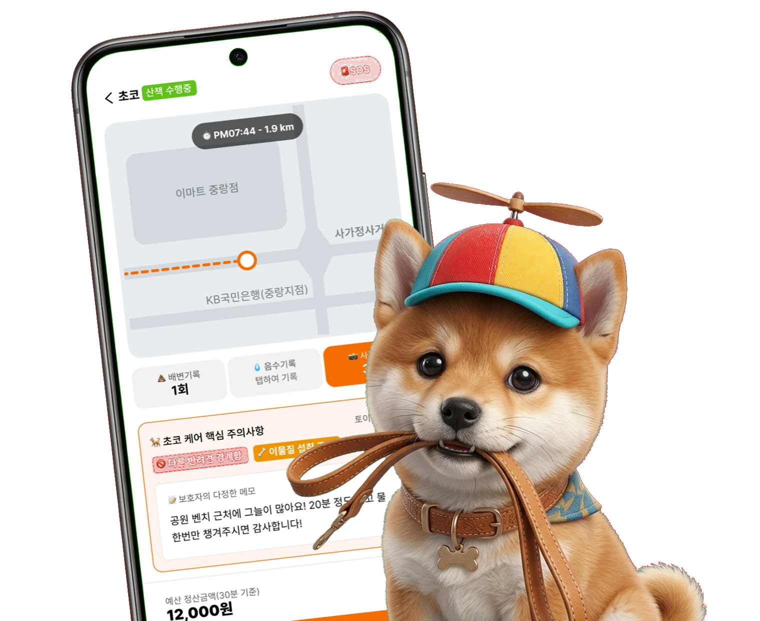 산책 경로 지도 화면과 목줄을 문 시바견